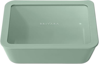 BRIVARA HOME Ceramic Coated Glass Food Storage Container | No PTFE, PFOA, PFAS, and BPA | Reusable Non Toxic Meal Prep Container with Glass Lid | Easy To Store | 11 Cup Rectangle [Willow]