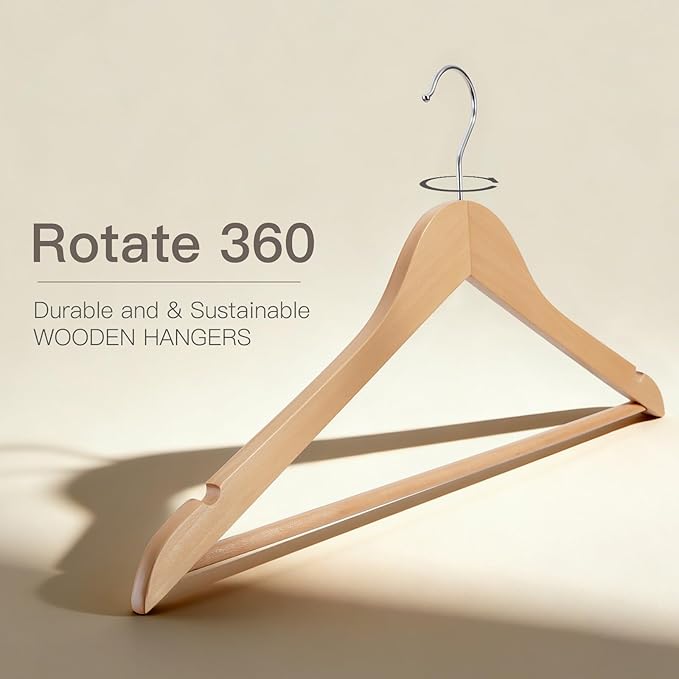 Wooden Hangers 30 Pack,Heavy Duty Solid Wooden Clothes Hangers with Pant Bar,360-Degree Rotatable Hook,Durable & Slim Wood Hangers for Coats,Jackets,Dress,Pants(Natural)