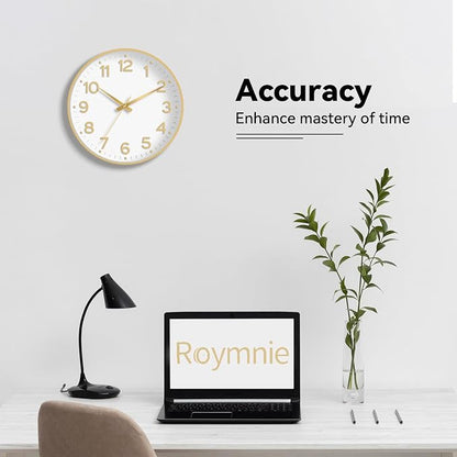 Roymnie Wall Clock, 10 Inch Silent Wall Clocks Battery Operated-Modern Non Ticking Analog Clock Decorative for Kitchen Bedroom Office Bathroom(White Gold)