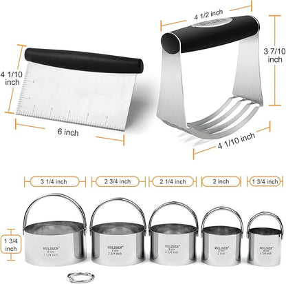 HULISEN Stainless Steel Biscuit Cutter Set, Silicone Mat, Pastry Scraper and Dough Blender, Sturdy & Long-Lasting with Ergonomic Rubber Grip, Professional Baking Dough Tools, Gift Package (4 Pcs/Set)