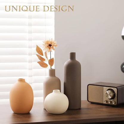 Ceramic Vase Set of 4 - Handcrafted Ceramic Vases for Home Decor & Shelf - Modern Farmhouse Decor for Kitchen, Office, Bedroom & Living Room Decorative Objects for Mantel, Table Centerpieces