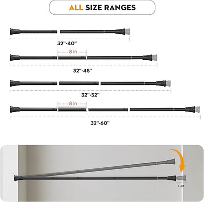 1.1 Inch Diameter Tension Closet Rods for Hanging Clothes 32-60 Inch, Adjustable Pole Closet to Hang Clothes, Heavy Duty Closet bar for Wardrobes with No Drilling Holder, Matte Black