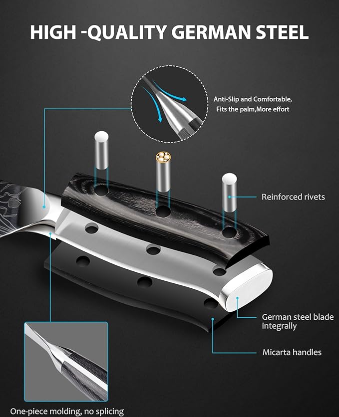 MOSFiATA 8" Super Sharp Professional Chef's Knife with Finger Guard and Knife Sharpener, German High Carbon Stainless Steel EN1.4116 with Micarta Handle and Gift Box