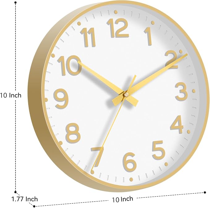 Roymnie Wall Clock, 10 Inch Silent Wall Clocks Battery Operated-Modern Non Ticking Analog Clock Decorative for Kitchen Bedroom Office Bathroom(White Gold)