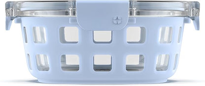 Ello Duraglass Meal Prep Container, 4 cup- Glass Food Storage Container with Silicone Sleeve and Airtight BPA-Free Plastic Lid, Dishwasher, Microwave, and Freezer Safe, Halogen Blue