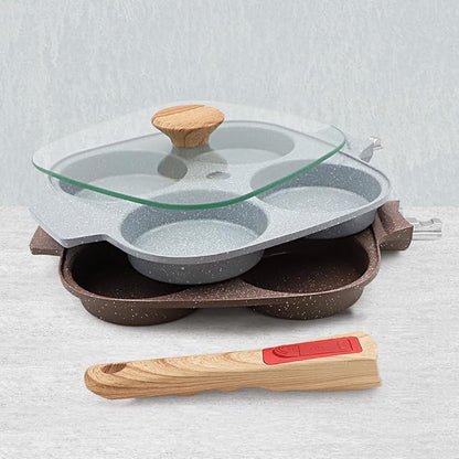 Ceramic Egg Frying Pan with Lid, Nonstick 4 Cup Fried Egg Pan with Detachable Handle, Omelette Pan Induction Compatible - Blue