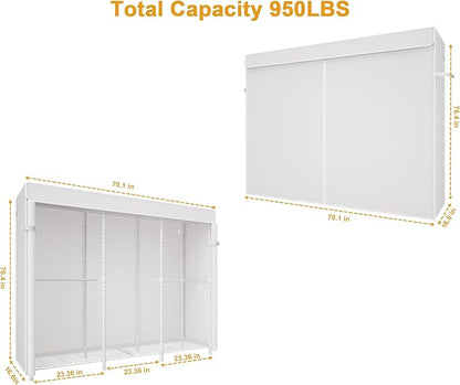 E14C Heavy Duty Closet Organizer System，Freestanding Clothing Racks for Hanging Clothes，Adjustable Garment Rack 70.1" W × 16.6" D × 76.4" H Hold 960 lbs，White Rack with White Dustproof Cover