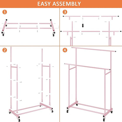 Calmootey Double Rod Clothing Garment Rack,Rolling Hanging Clothes Rack,Portable Clothes Organizer for Bedroom,Living Room,Clothing Store,Pink