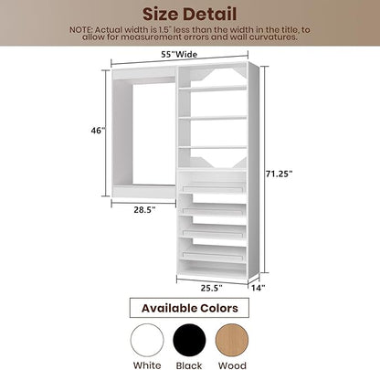 ROOMTEC Modular Closet System, 55" Wall Mounted Closet Organizer with Hanging Rods and Shoe Shelf, Wooden Tower for Walk-In Closets, Wardrobe Storage Kit, White
