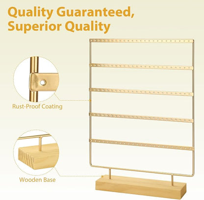Earring Holder Organizer, 5-Tier Earring Organizer with 60-Pair Capacity, Wooden Base Metal Earring Display, Jewelry Storage & Display for Home Store, Suitable for Women