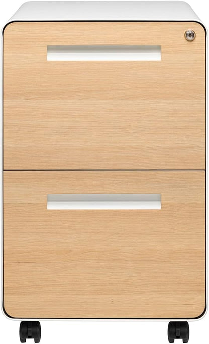 Laura Davidson Furniture Stockpile 2 Drawer Mobile File Cabinet with Lock - Under Desk Metal Filing Cabinet, Legal/Letter File Folders, Wheels and Stationary Feet, Pre-Assembled, White/Wood
