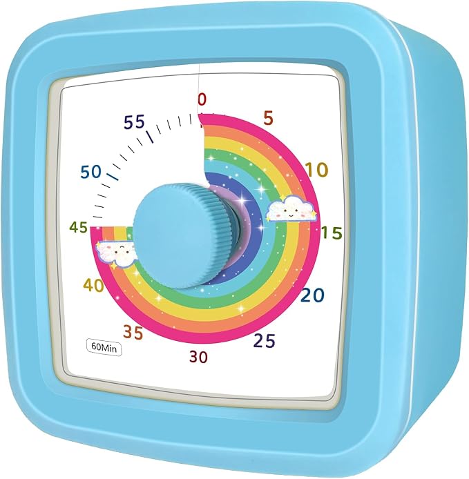 Kids Visual Timer, 60-Minute Silent Timer Countdown Clock with Rainbow Design, Plastic Mini Time Management Tool Timers for Classroom Kitchen Cooking Homework, Sensory Support&Focus Aid, Blue
