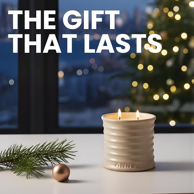 Annex Fig Leaf & Lemon Luxury Scented Candle - Handmade Ceramic Jar - 50hr Clean Burn, Non-Toxic Soy Wax - Aesthetic Home Decor Winter Gift for Women & Men - Amber & Sandalwood