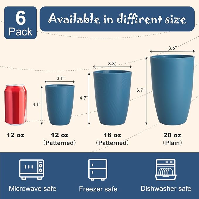 Wheat Straw Cups, Plastic Cups Unbreakable Drinking Cups Set of 6, Reusable Plastic Cup 12 OZ, Dishwasher Safe Tumblers & Water Glasses, Multi