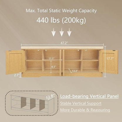 DINZI LVJ Shoe Bench, Entryway Storage Bench with Doors, Cushion, 2-Tier Shoe Rack with 8-Cubby, 47.2”L x 13.8”W Shoe Organizer Cabinet, Adjustable Shelf, Living Room, Bedroom, Natural