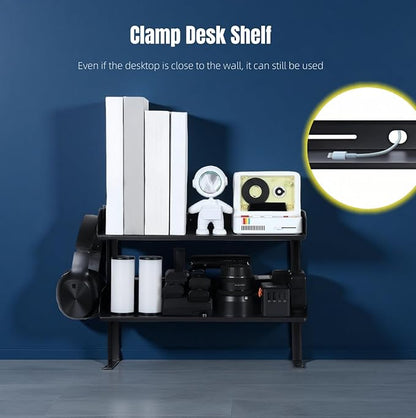 Yuxh Clamp On Desk Shelf 2 Tier Cilp Under Table Organizer, Black-S, 15 inch