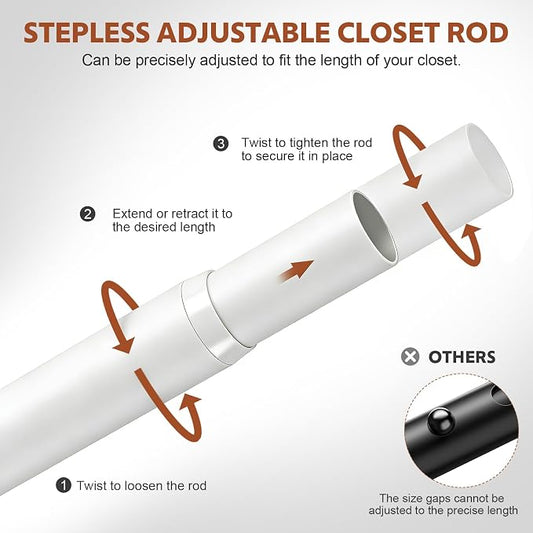 Closet Rods for Hanging Clothes, 17-70 Inch Stepless Adjustable Closet Rod, 1.3 Inch Heavy Duty Metal Clothes Hanging Rod, Expandable Closet Bar Hanger Rod for Closet Wardrobes Laundry RV White