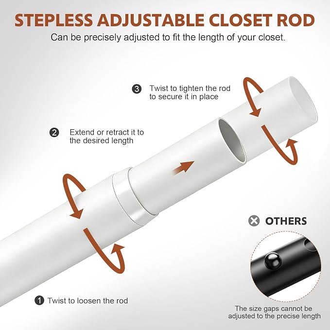 Closet Rods for Hanging Clothes, 17-84 Inch Stepless Adjustable Closet Rod, 1.3 Inch Heavy Duty Metal Clothes Hanging Rod, Expandable Closet Bar Hanger Rod for Closet Wardrobes Laundry RV White