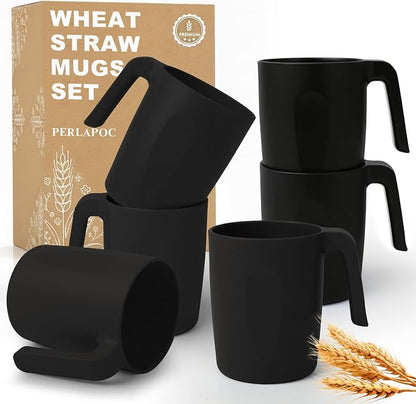 Wheat Straw Coffee Mugs 16 OZ, Unbreakable Drinking Cups with Handle Set of 6, Alternative to Plastic Reusable Coffee Cups, Microwave Safe & Dishwasher Safe Coffee Cup Set for Kichen, Black