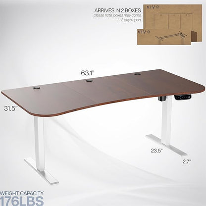 VIVO Electric 63 x 32 in Standing Desk, Memory Height Adjustment, 176 lb Frame Support, 2E Series, Dark Walnut Top White Frame, DESK-KIT-2EWD