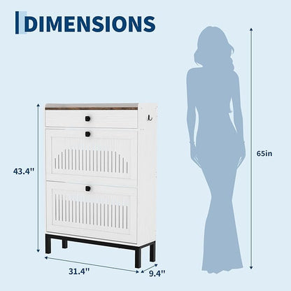 Garvee 2 Flip Drawer Shoe Cabinet with Adjustable Shelves, Hidden Shoe Organizer with Top Drawer, Freestanding Wooden Shoe Rack for Entryway, Hallway, Living Room, White