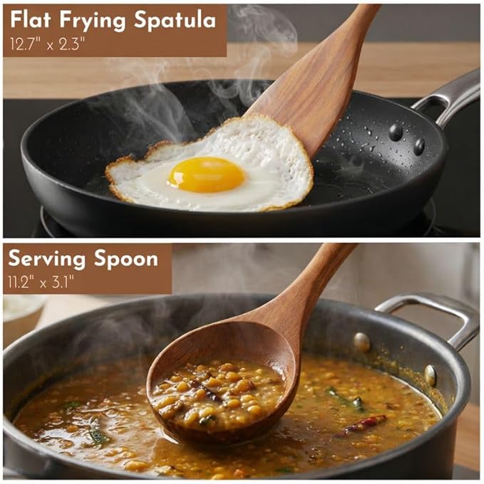 2 Piece Teak Wood Utensil Set - Handmade Spatula and Serving Spoon for Nonstick Cookware - Heat-Resistant & Non-Toxic Wooden Cooking Utensils - Essential Kitchen Gift Set