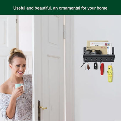 Decorative Acrylic Key Hooks Wall Mount with Shelf - Entryway Key Rack Mail Organizer Living Room Decor (Black)