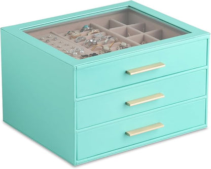 Frebeauty Clear Lid Jewelry Box,3-Layer Jewelry Organizer with Drawer,PU Leather Jewelry Organizers and Storage,Jewelry Boxes for Women,Jewelry Storage for Rings Earring Stud,Gift for Women(Turquoise)