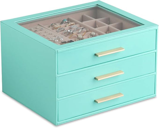 Frebeauty Clear Lid Jewelry Box,3-Layer Jewelry Organizer with Drawer,PU Leather Jewelry Organizers and Storage,Jewelry Boxes for Women,Jewelry Storage for Rings Earring Stud,Gift for Women(Turquoise)