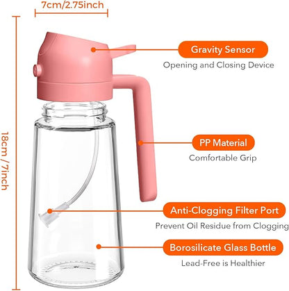 YARRAMATE 2Pcs 16oz/470ml Glass Olive Oil Sprayer for Cooking with Stickers, 2 in 1 Oil Dispenser for Kitchen Gadgets, Food Grade Premium Spray Bottle with Portion Control for Salad, BBQ (Pink&Black)