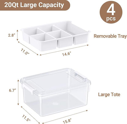 HOMETUK 80Qt Stackable Storage Bins with Lids & Trays, Clear Plastic Latching Boxes Organizers with Dividers Portable 20Gal Containers for Arts & Crafts, Home and Car Trunk Organization, 4Pack