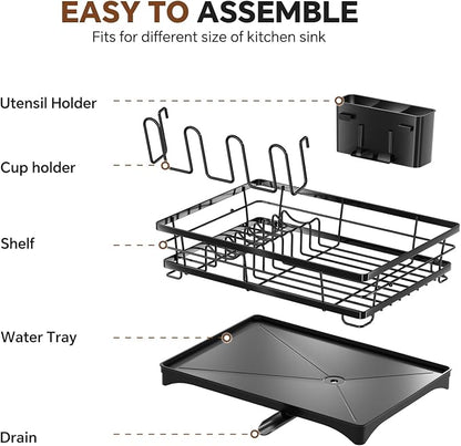 Simple Trending Dish Drying Rack for Kitchen Counter, Stainless Steel Dish Rack, Large Dish Drainer Organizer with Cutlery Holder & Cup Holders, Black