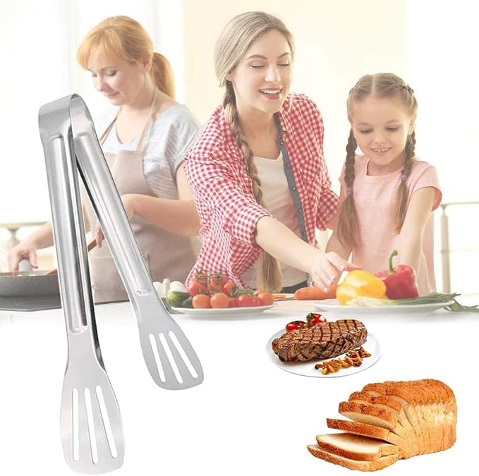 Kitchen tongs crafted from 304 stainless steel, effortlessly cleanable and food-grade safe. Ideal for cooking, salad preparation, barbecuing, frying and more. A splendid kitchen gift set (24cm + 29cm)
