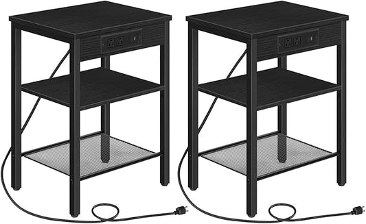 HOOBRO Side Tables Set of 2 with Charging Station and USB Port, Small End Tables for Small Space, 3-Tier Nightstands with Adjustable Shelf, for Living Room, Bedroom, Black BB112BZP201