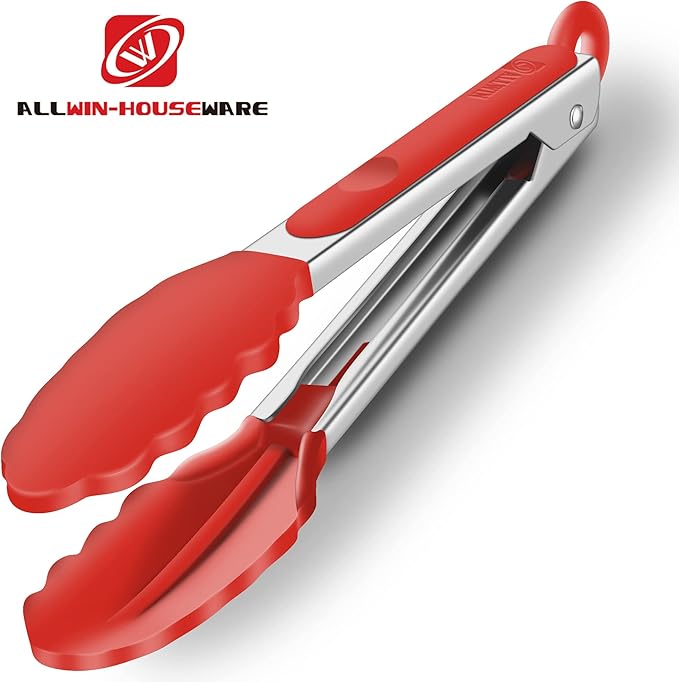 2 Pack Silicone Kitchen Tongs – 9" & 12" Set, Heat Resistant up to 500°F, Non‑Stick Cookware Safe, Wavy Silicone Tips, BPA Free, Locking Clip & Hanging Loop, Red