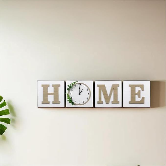 Young's Inc Wood Block Home Wall Clock and Sign, Wall Art for Living Room Decor, Farmhouse, Wall Decor, Battery Operated Clock, Set of 4