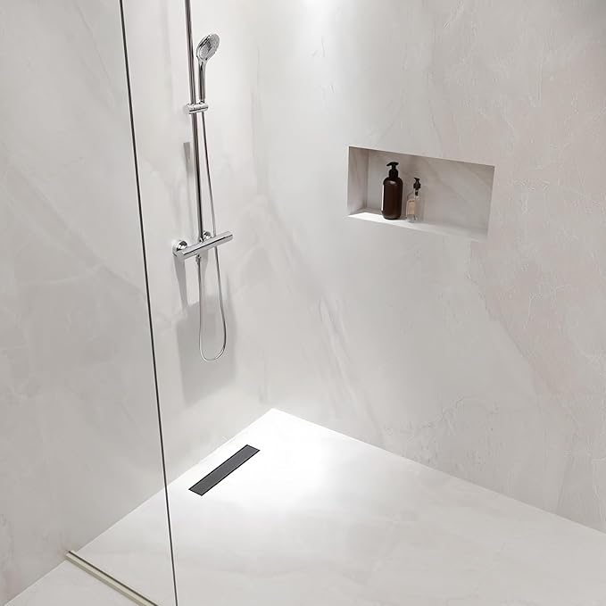 DLONE Linear Shower Drain | 18" AISI 304 Stainless Steel Shower Drain, Matte Black Linear Drain with Tile Insert Panel & Adjustable Feet, Long Rectangle Shower Floor Drain in Bathroom, Balcony etc