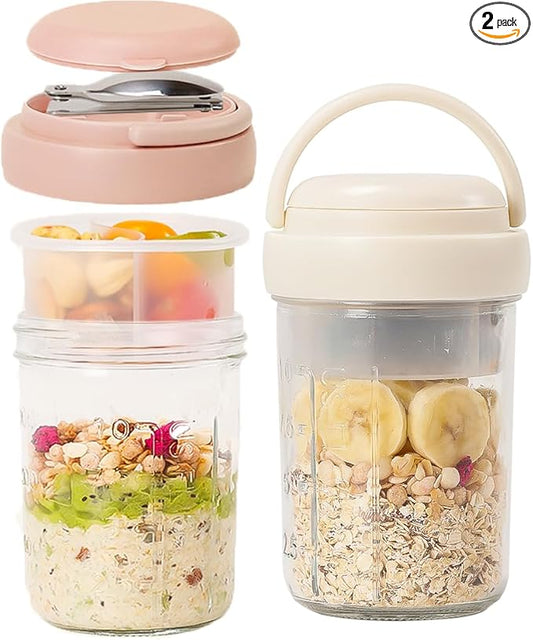 UWILLION Overnight Oats Containers with Handles, 16 oz Glass Mason Jars with Lids, Folding Spoons & Topping Compartments, Yogurt Parfait Cups for Meal Prep, Chia Pudding, Breakfast to Go, 2 Pack