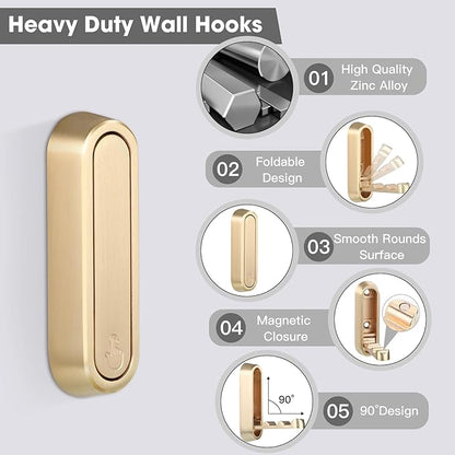 Dntorx Folding Coat Hooks, 6 Pcs Foldable Gold Wall Hooks Heavy Duty Foldable Hook Bathroom Towel Hooks Robe Hooks Wall Mounted for Hanging Coat Towels Clothes Hat Bags Keys