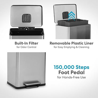 SIMPLI-MAGIC 50 Liter / 13.2 Gallon Soft-Close, Smudge Resistant Trash Can with Foot Pedal and Built in Filter- Stainless Steel, Sleek Finish