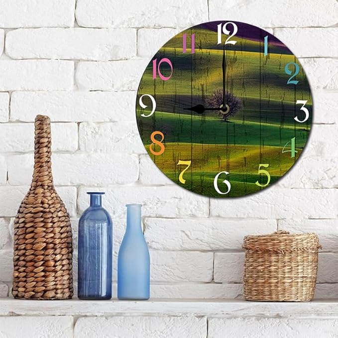 Grass Wall Clock 10 Inch Wooden Battery Operated Autumn Forest Maple Leaves Wall Clocks Decorative Indoor,Decorative for Kitchen Bathroom Bedroom