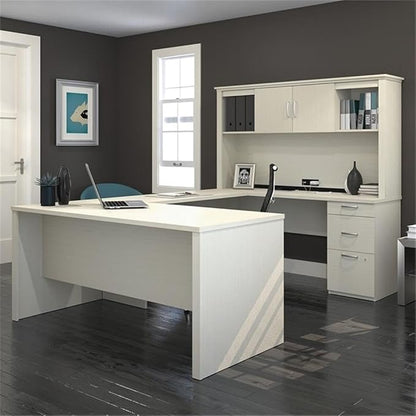 Atlin Designs 66" W x 95.5" D Modern Contemporary U-Shaped Wood Computer Desk with Hutch, for Home Office, Fully Reversible Unit, in White & Chocolate Finish