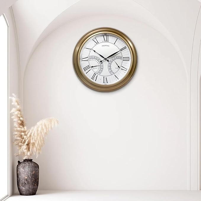 24 Inch in/Outdoor Wall Clock with Temperature and Humidity Combo, Large Outdoor Clock for Patio Large Waterproof with Thermometer,Antique Hamilton Gold Metal