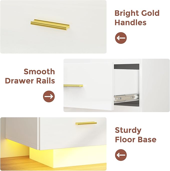 9 Drawer Dresser for Bedroom, 55'' W Highly Reflective Modern Chest of Drawers with LED Light, Wooden Dresser Organizer Cabinet for Living Room, Entryway (White)