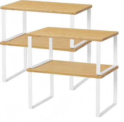 NEX Bamboo Kitchen Cabinet and Counter Shelf Organizer, Stackable & Expandable, Set of 4, White and Natural
