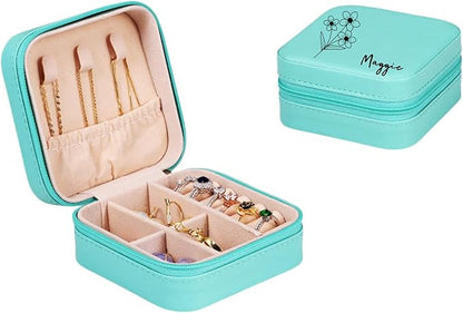 Personalized Jewelry Box, Custom Name Leather Jewelry Box with Birth Flower Small Travel Jewelry Case for Mothers Day Gifts, Birthday Gifts, Wedding Gifts for Women Mom Wife Girls