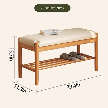 Solid Wood Shoe Bench with Cushion, 2-Tier Shoe Rack for Front Door Entrance, Enterway Benches with Shoe Storage (Natural, 39.4in)