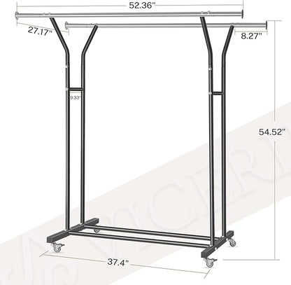 Clothing Rack, Heavy Duty Clothes Racks with Wheels and Bottom Shelf, 52.36’’ Metal Double Clothing Racks with Wheels, Wardrobe Rack for Hanging Clothes, Coats, Shirts, Skirts, Dresses, Black