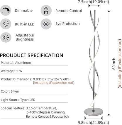 LED Modern Floor Lamp for Living Room, 40W 3 Colors Stepless Dimmable and Color-Changing Bright Floor Standing Lamp,60" Unique Spiral Floor Tall Lamp for Bedroom Office with Remote,Chrome