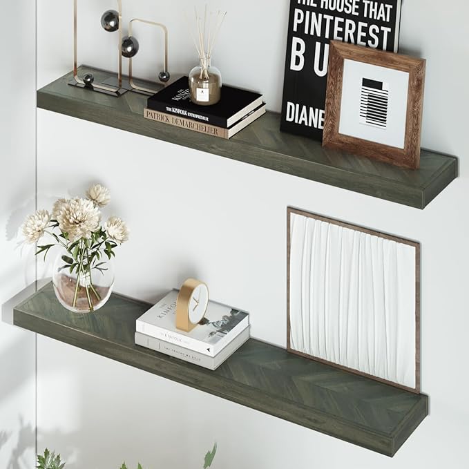 Howizz 36" Acacia Chevron Floating Shelves Set of 2 - Wall Mounted Wooden Shelf for Stylish Home Décor - Mocha Color - 36x6.7x1.5 Inches